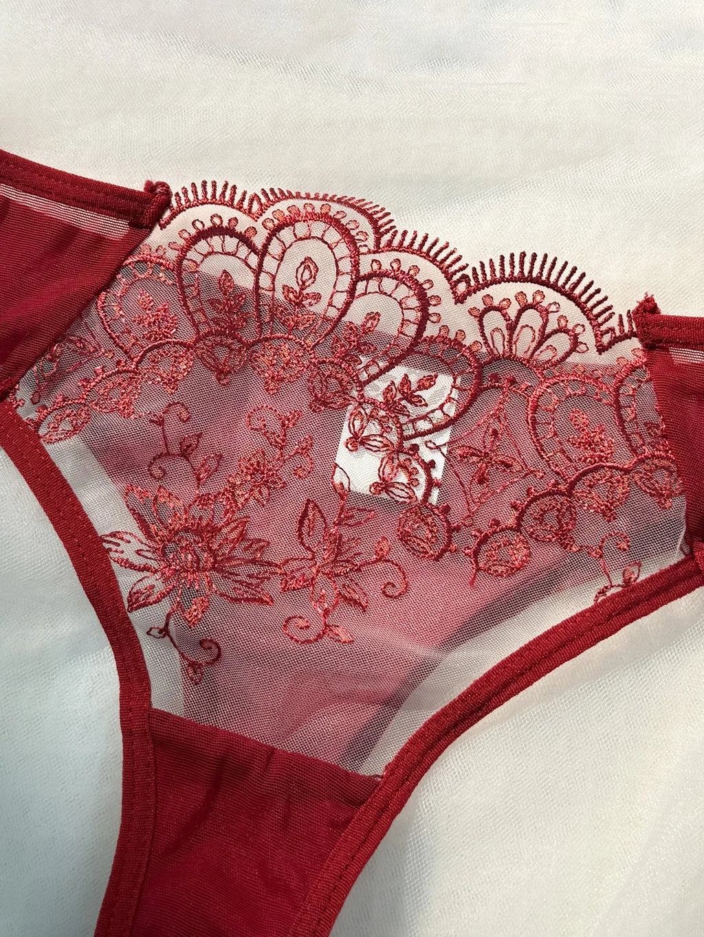 WineRed French-style floral embroidery lace lingerie set, sexy see-through padded support, Valentine's Day party ZA824057