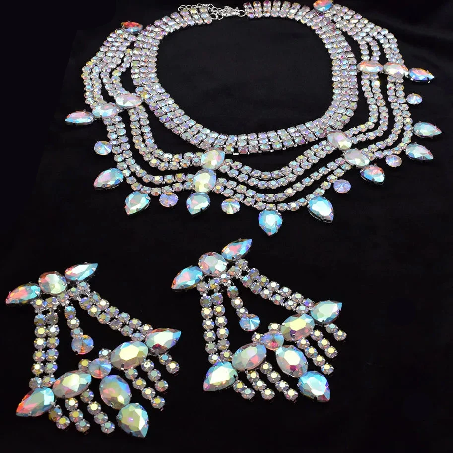 Multi layered Wave Rhinestone Necklace & Earring Set