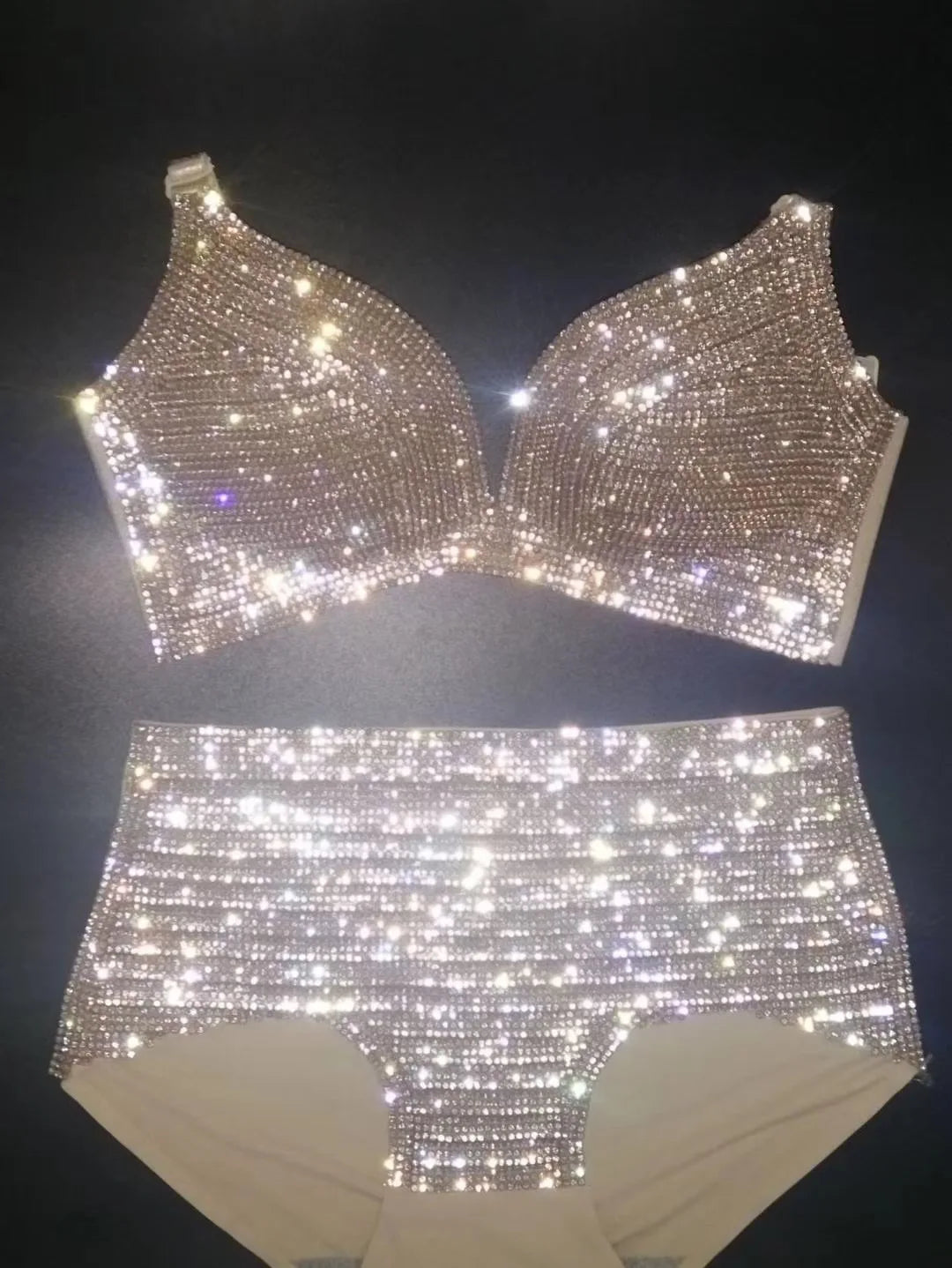 Dazzling Shimmer Crystal Bikini & High-Waist Dance Performance Costume Set