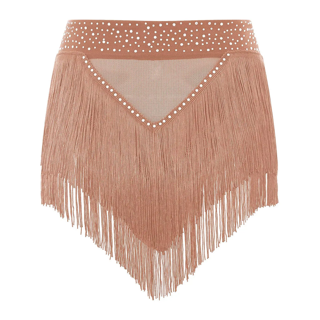 Rhinestone Tassel High-Waist Dance Shorts & Sheer Mesh Fringe Skirt