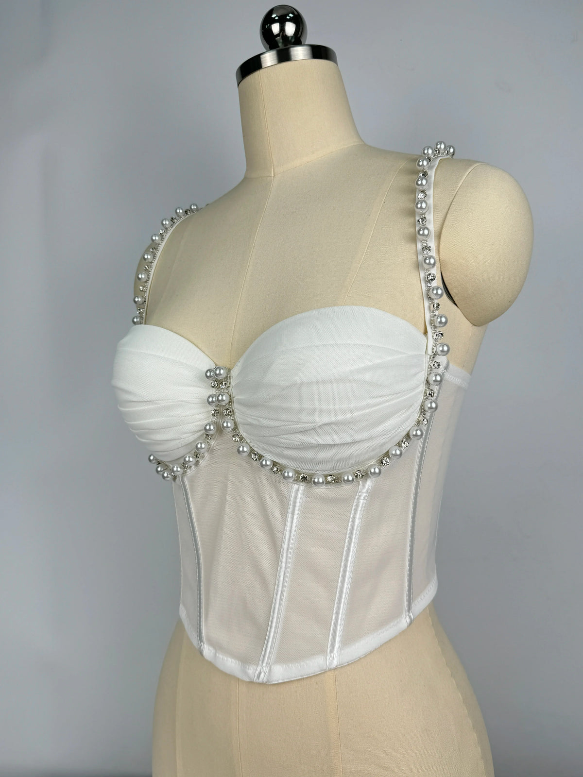 Pearl & Rhinestone Embroidered Bustier Corset Crop Top High Street Bralette