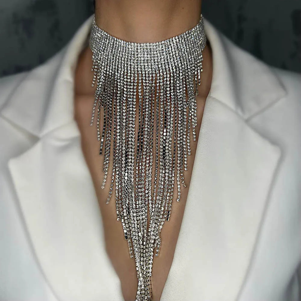 Rhinestone Fringe Tassel Choker Chain Necklace