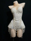 The Stardust Pearl Cascade Bodysuit – Luxury Beaded Tassel Showgirl Costume