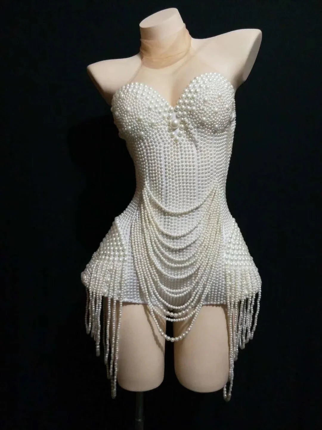 The Stardust Pearl Cascade Bodysuit – Luxury Beaded Tassel Showgirl Costume