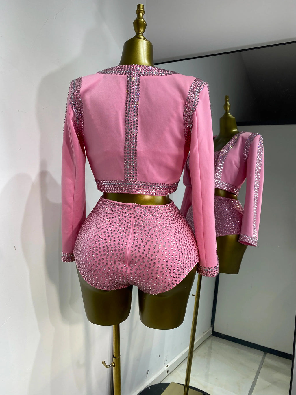 Rhinestone Bustier, High-Waist Mini Shorts & Cropped Jacket 3-Piece Performance Costume Set