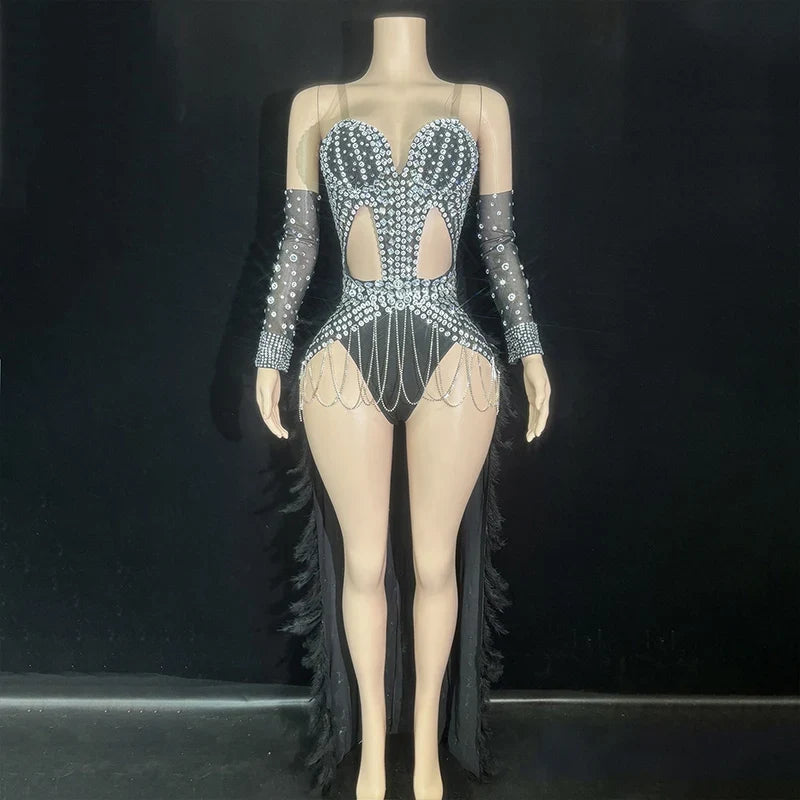 The Stardust Showgirl Finale – Rhinestone Bodysuit & Feather Train Costume
