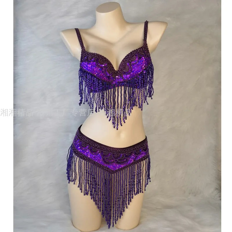 The Stardust Cabaret 2-Piece Ensemble – Luxury Sequin Fringe Bra & Belt Set