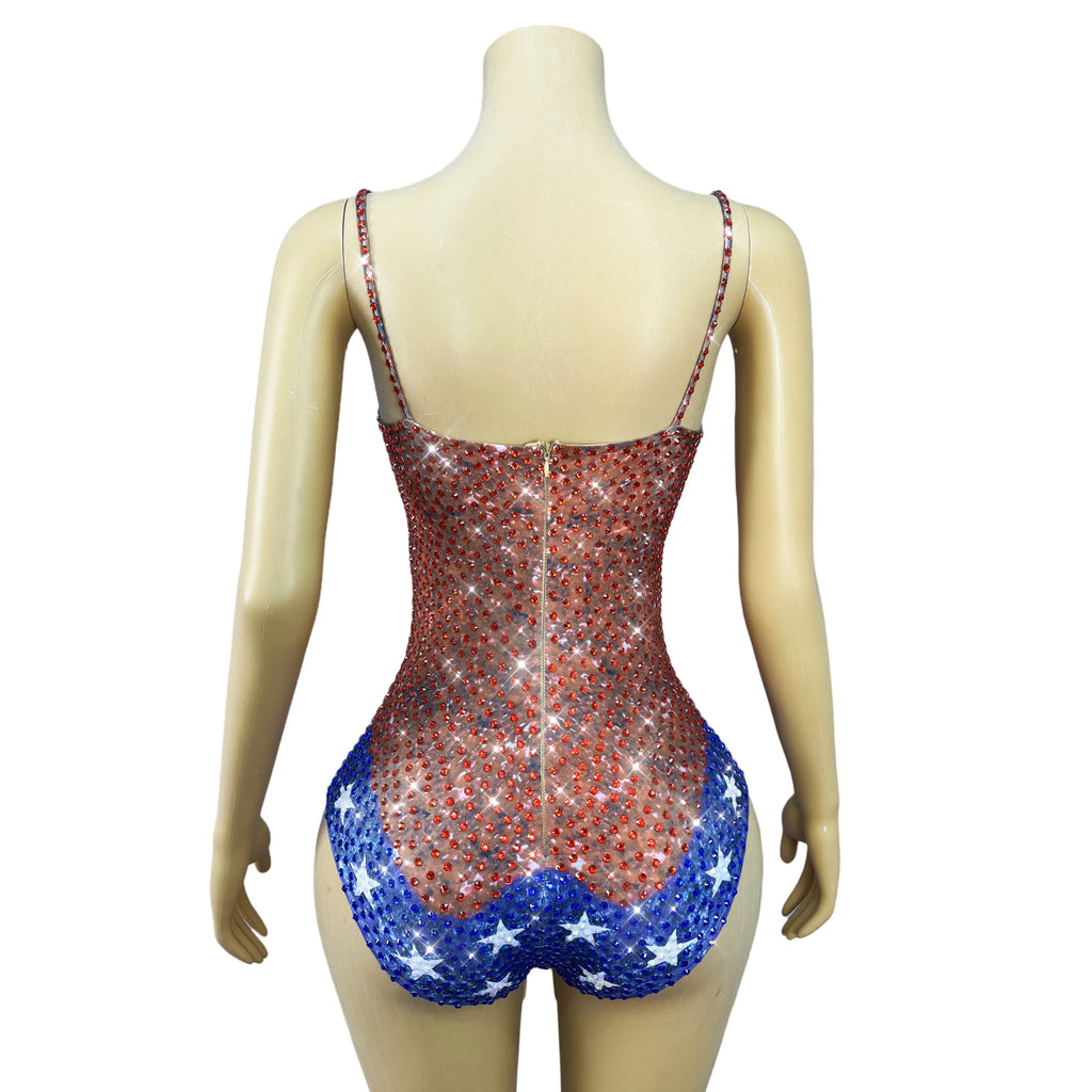 Twinkling Rhinestone Stars High-Cut Stage Bodysuit Dance Performance Leotard