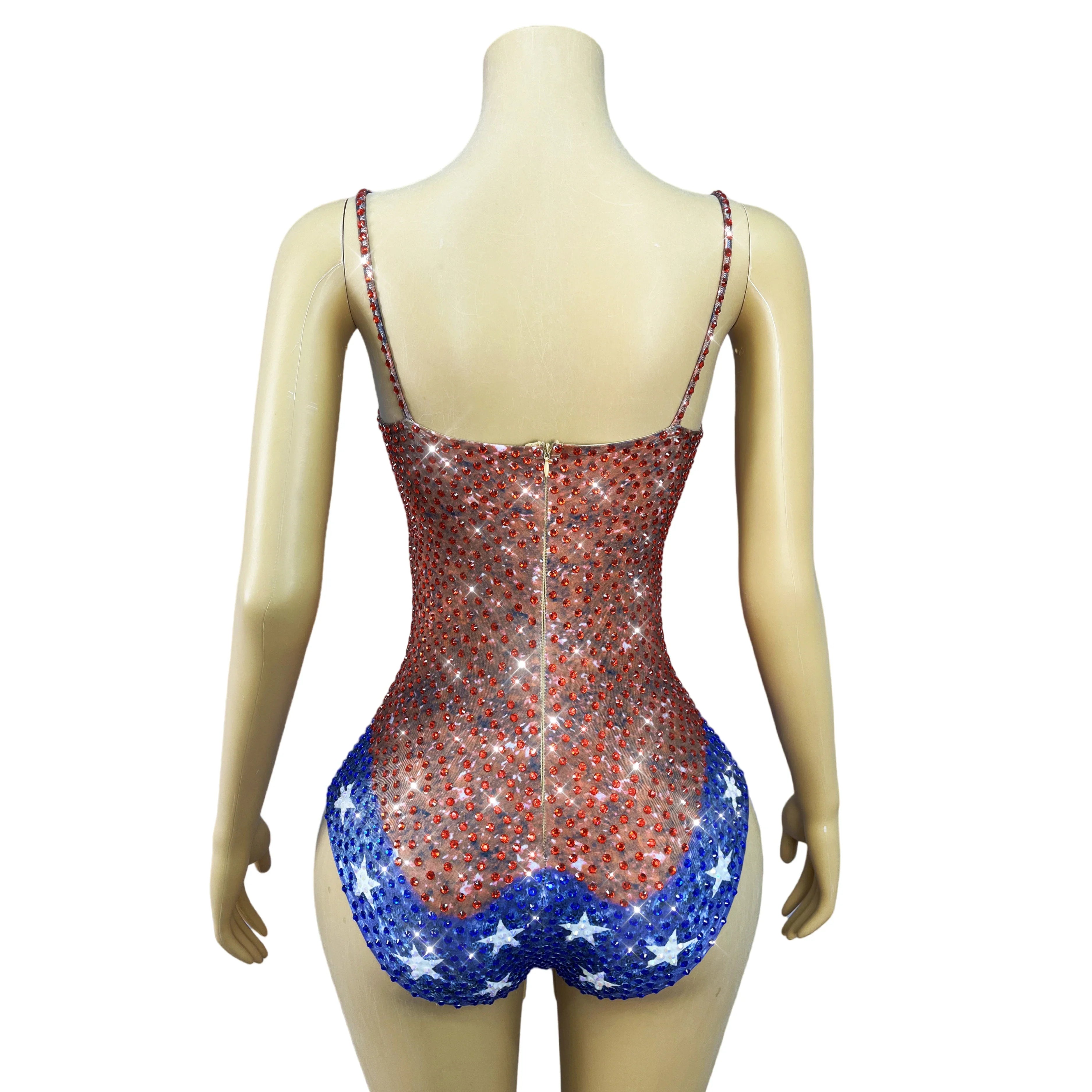 Twinkling Rhinestone Stars High-Cut Stage Bodysuit Dance Performance Leotard