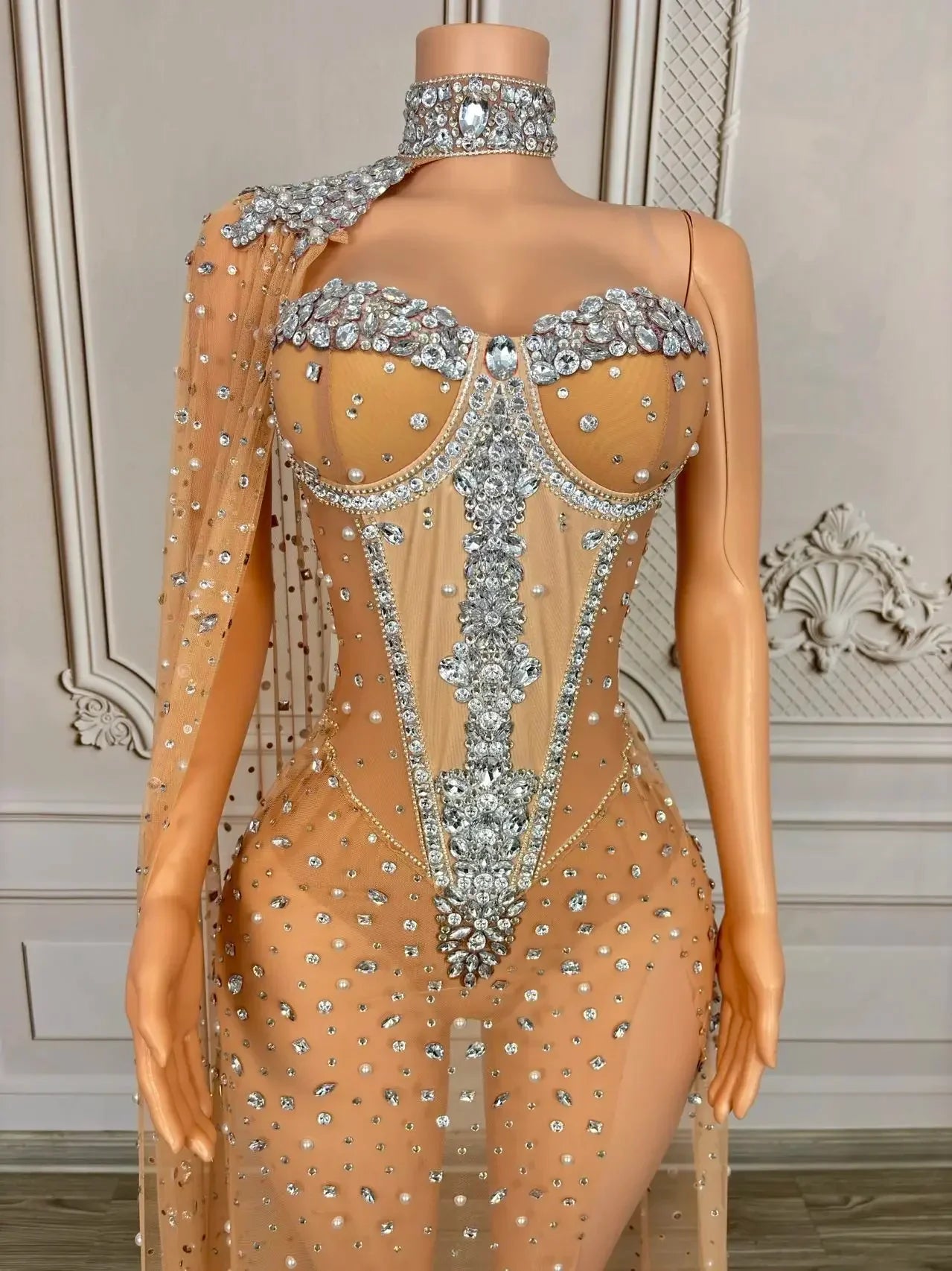 Sparkly Rhinestone & Pearl Mesh Evening Gown with Cloak Sleeves Stage Costume