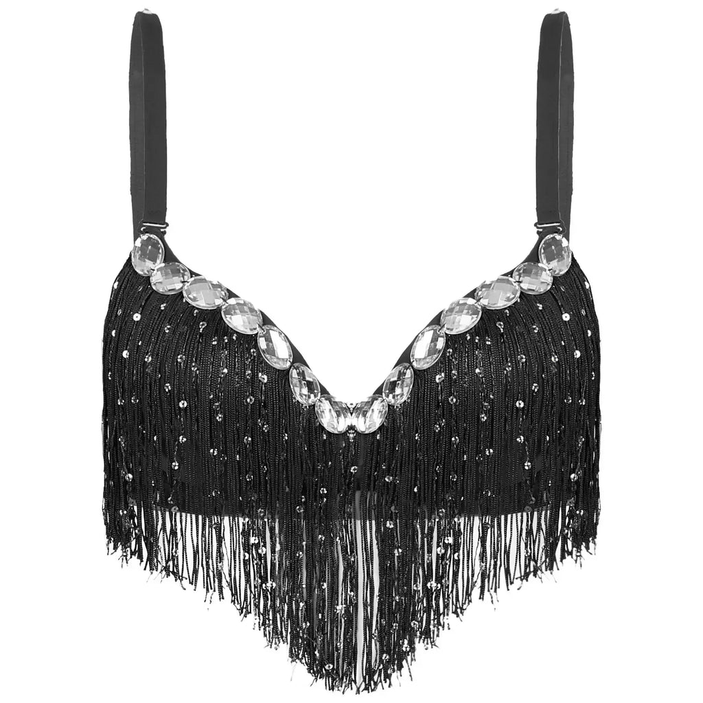 The Stardust Oasis Sirena – Sequined Tassel & Rhinestone Push-Up Belly Dance Bra Top