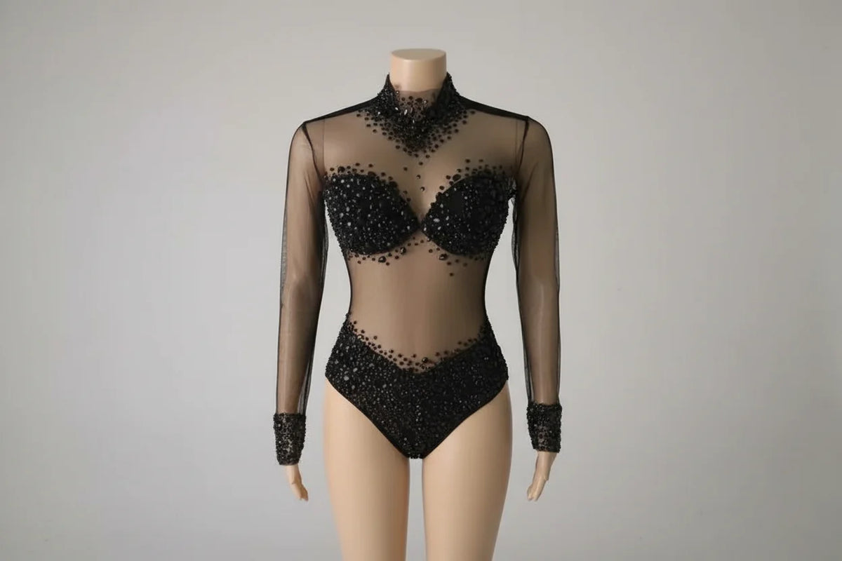 Rhinestone Encrusted Mesh Performance Bodysuit