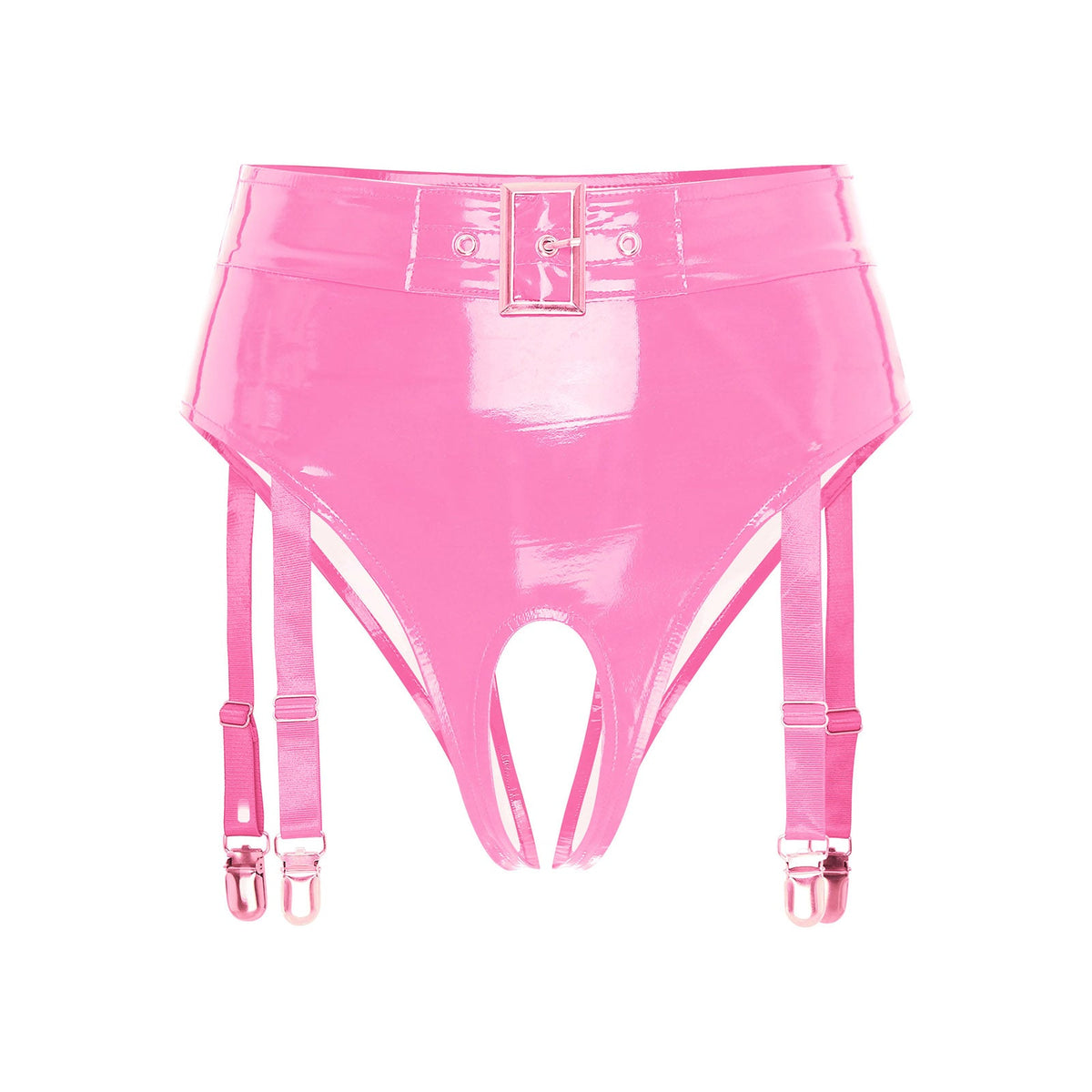 High-Waist Patent Leather Crotchless Thong & Garter Clip Lingerie