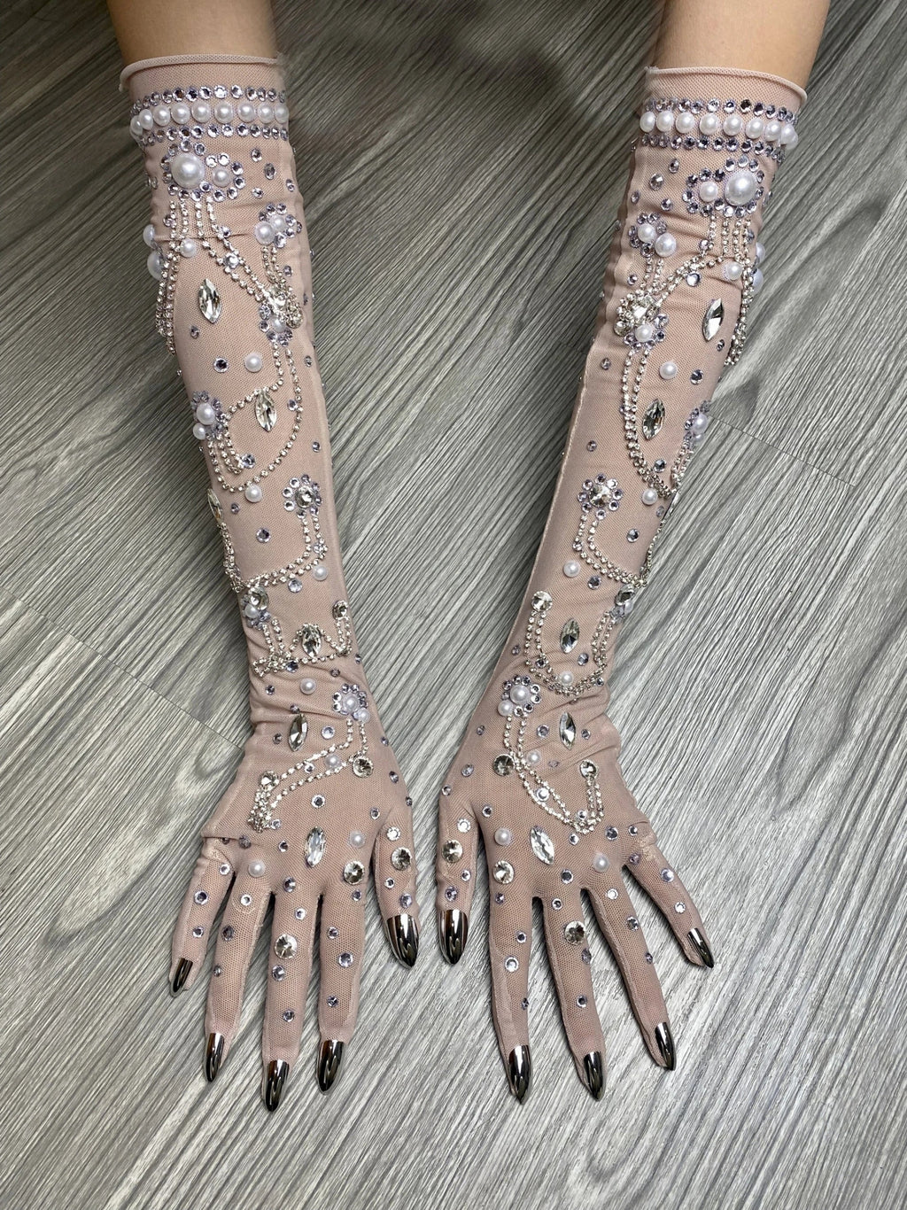The Stardust Illusion Rhinestone Gloves – Luxury Crystal Mesh Opera Gloves