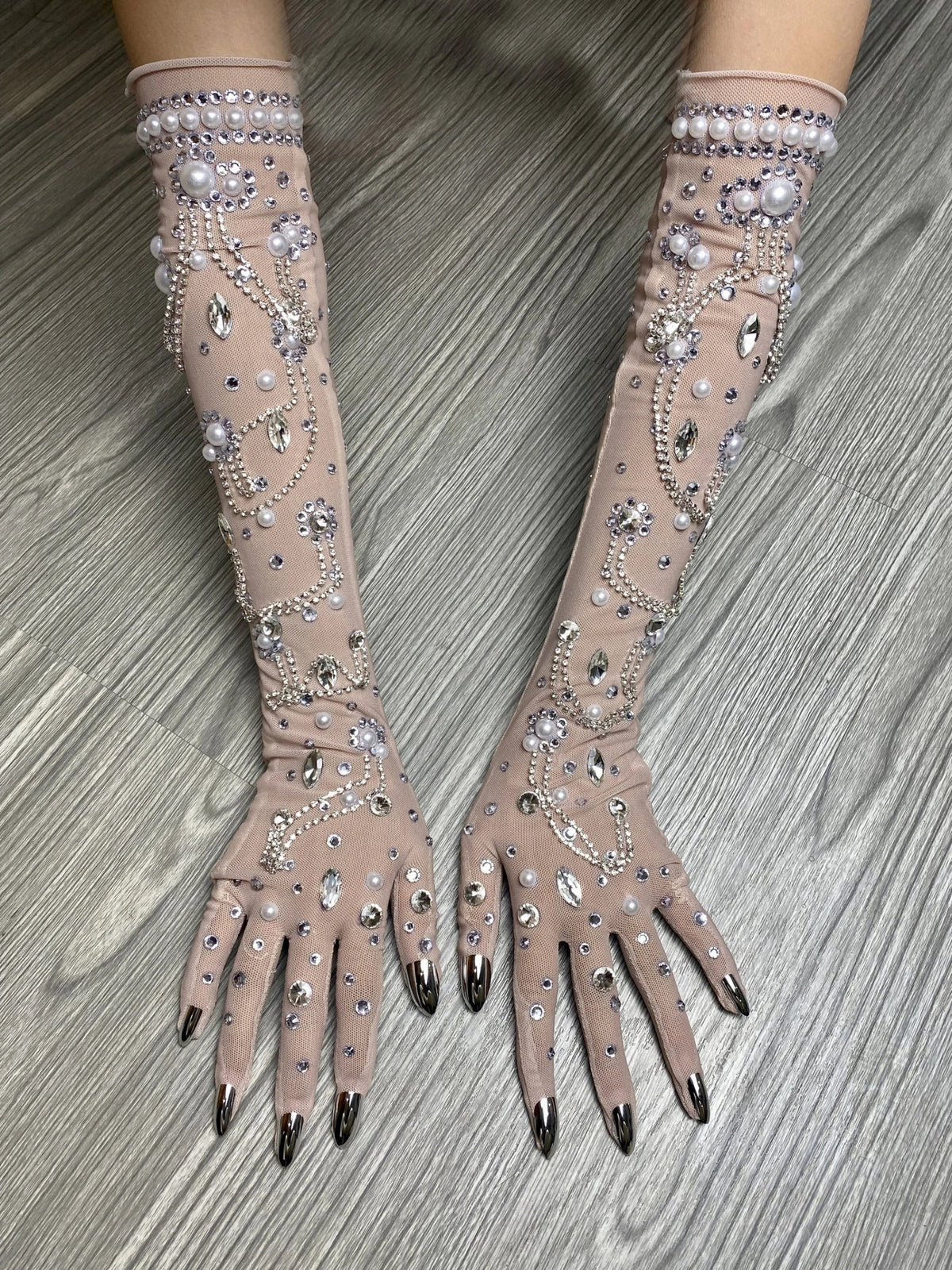 The Stardust Illusion Rhinestone Gloves – Luxury Crystal Mesh Opera Gloves