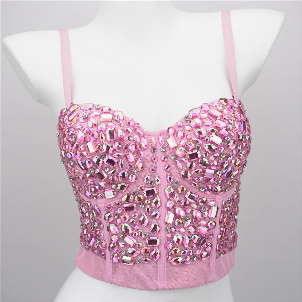 The Stardust Prism Siren – Sparkly Pink Rhinestone & Beaded Bustier Corset Crop Top