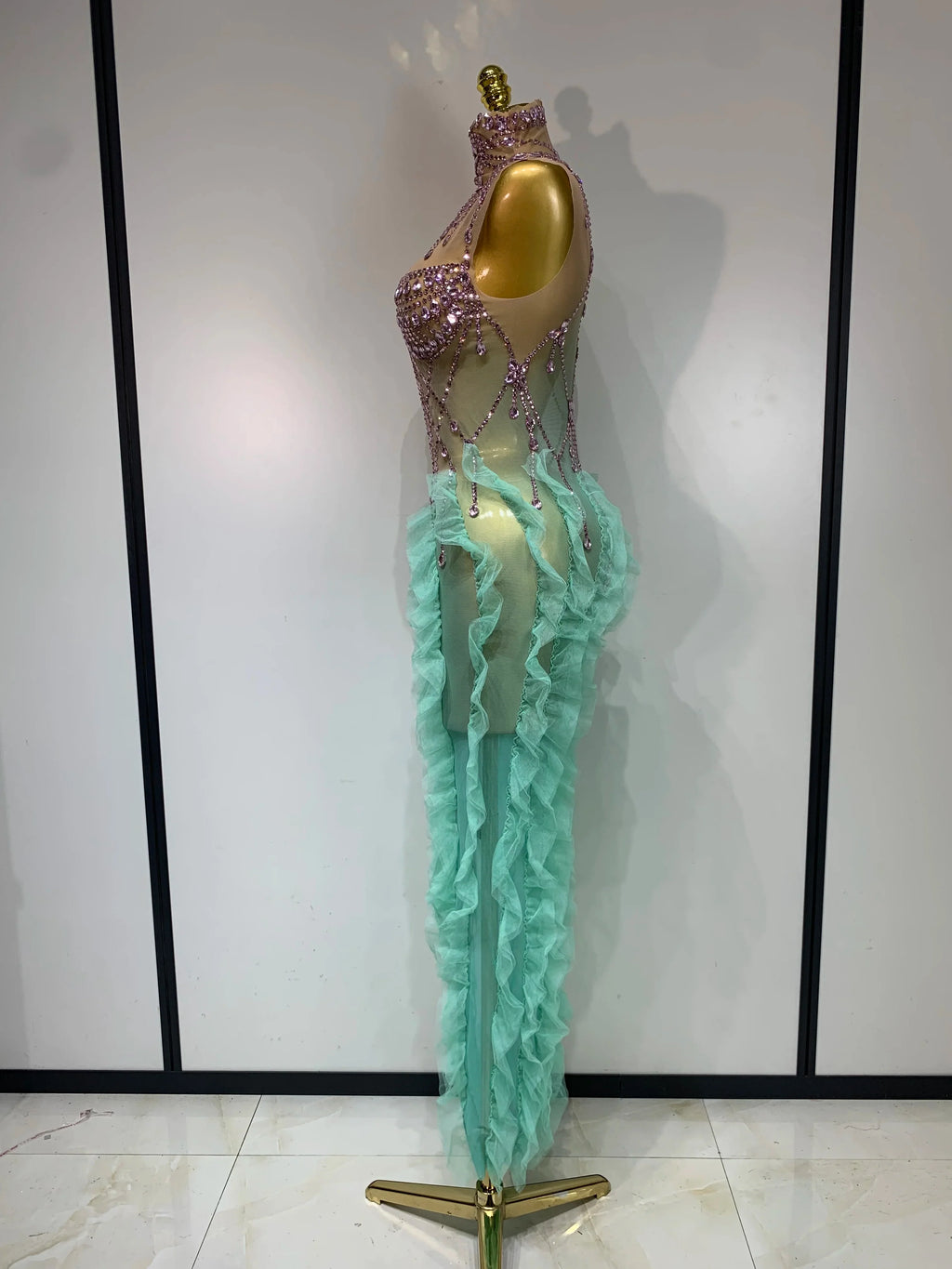 Mint Green Ombré Rhinestone Illusion Gown Tiered Ruffle Hem Maxi Stage Dress