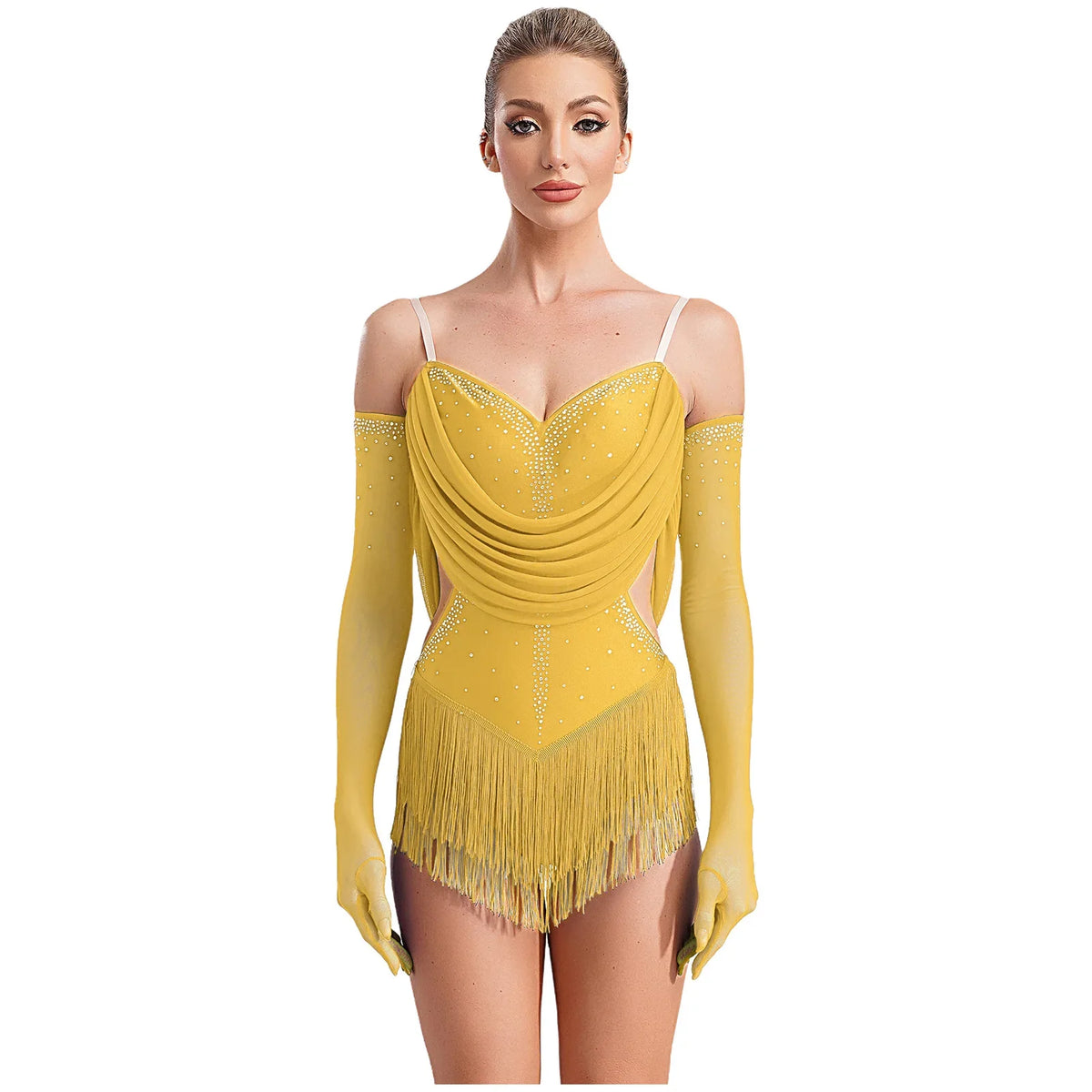 Sparkly Rhinestone & Tassel Fringe Dance Leotard with Gloves Two-Piece Stage Costume