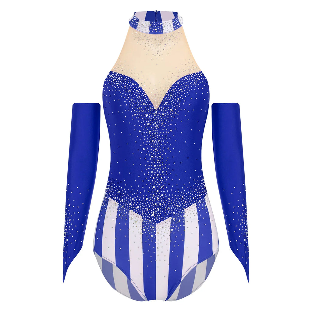 Circus Ringmaster Rhinestone Striped Leotard & Fingerless Gloves Costume Set