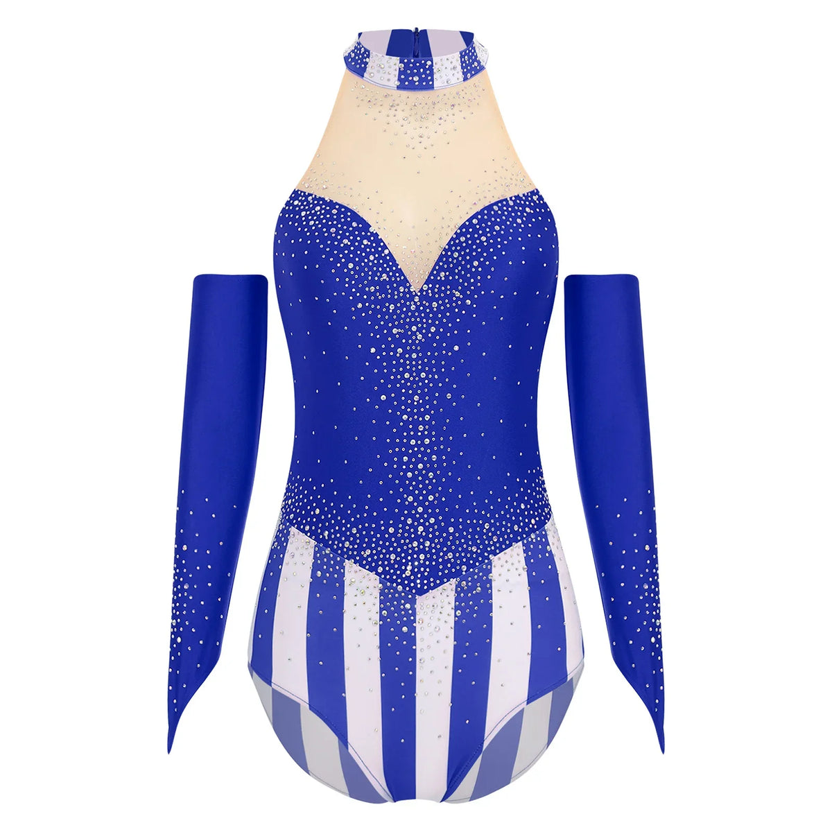 Circus Ringmaster Rhinestone Striped Leotard & Fingerless Gloves Costume Set
