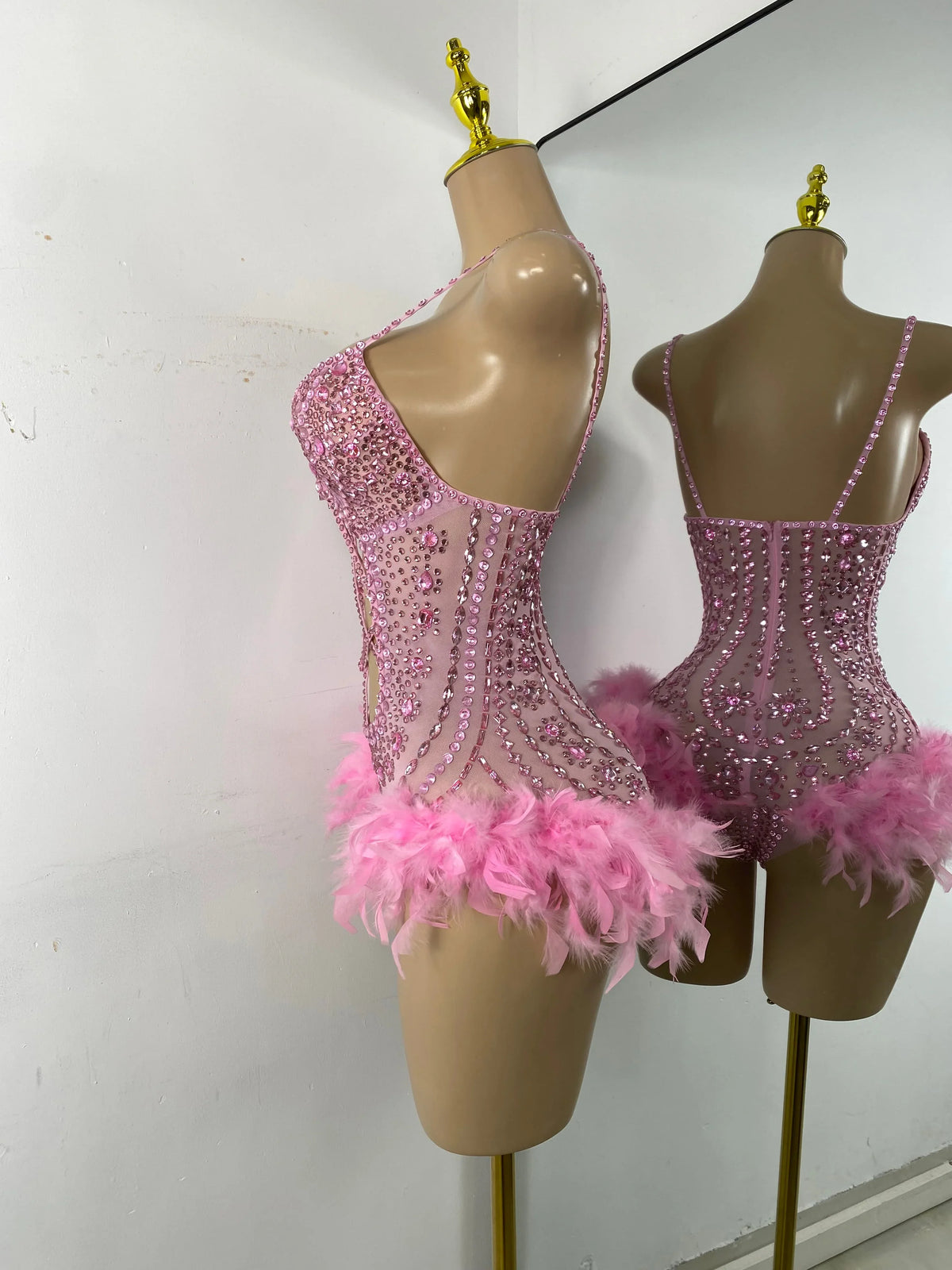 The Stardust Follies Feather Bodysuit – Luxury Rhinestone & Mesh Showgirl Costume