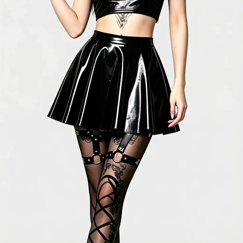 Gothic PU Leather PVC Shiny Flared Pleated Mini A-Line Skirt