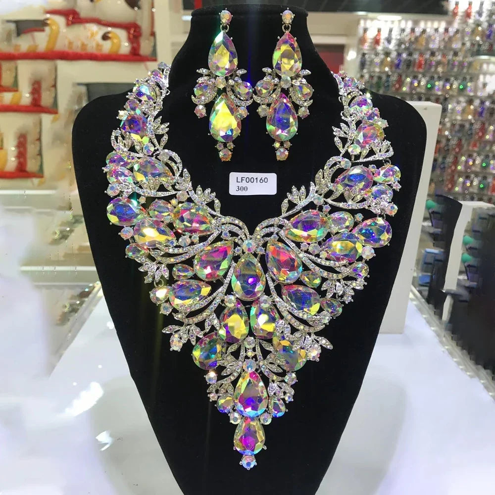 Multicolored Rhinestone Drop Necklace & Earring Set