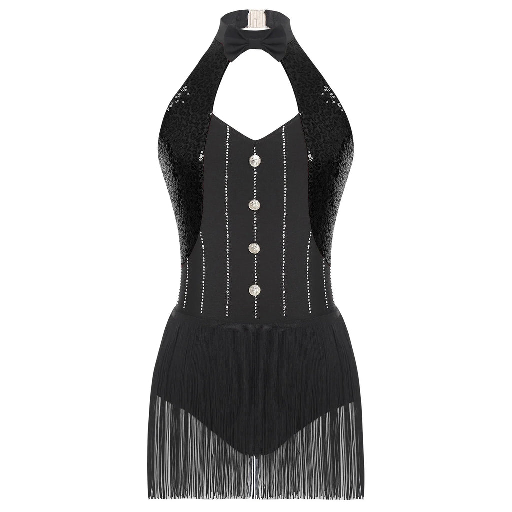 The Stardust Tuxedo Tassel Bodysuit – Luxury Sequins & Rhinestone Showgirl Leotard