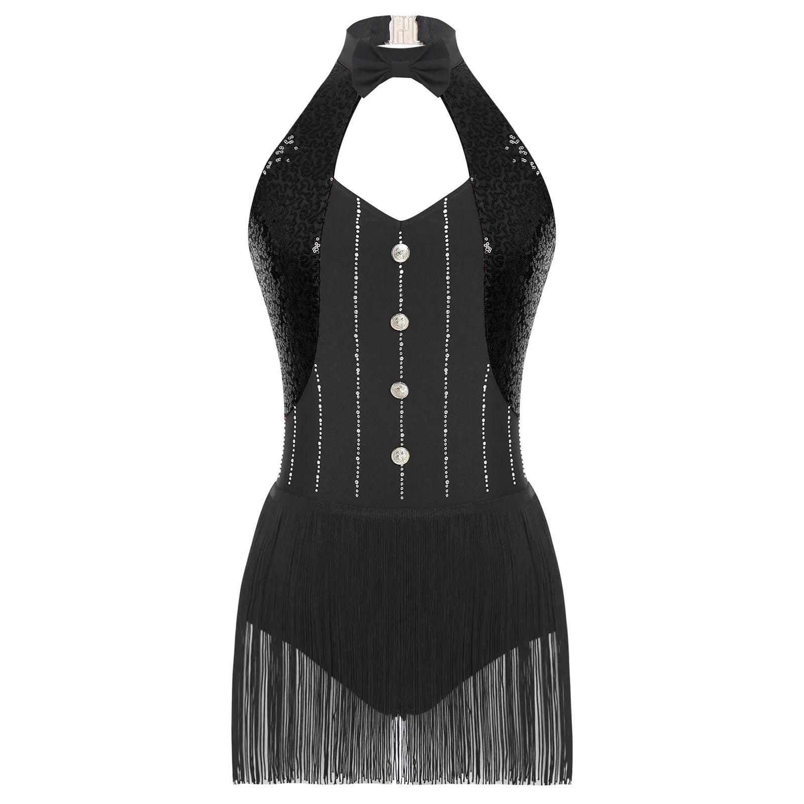 The Stardust Tuxedo Tassel Bodysuit – Luxury Sequins & Rhinestone Showgirl Leotard