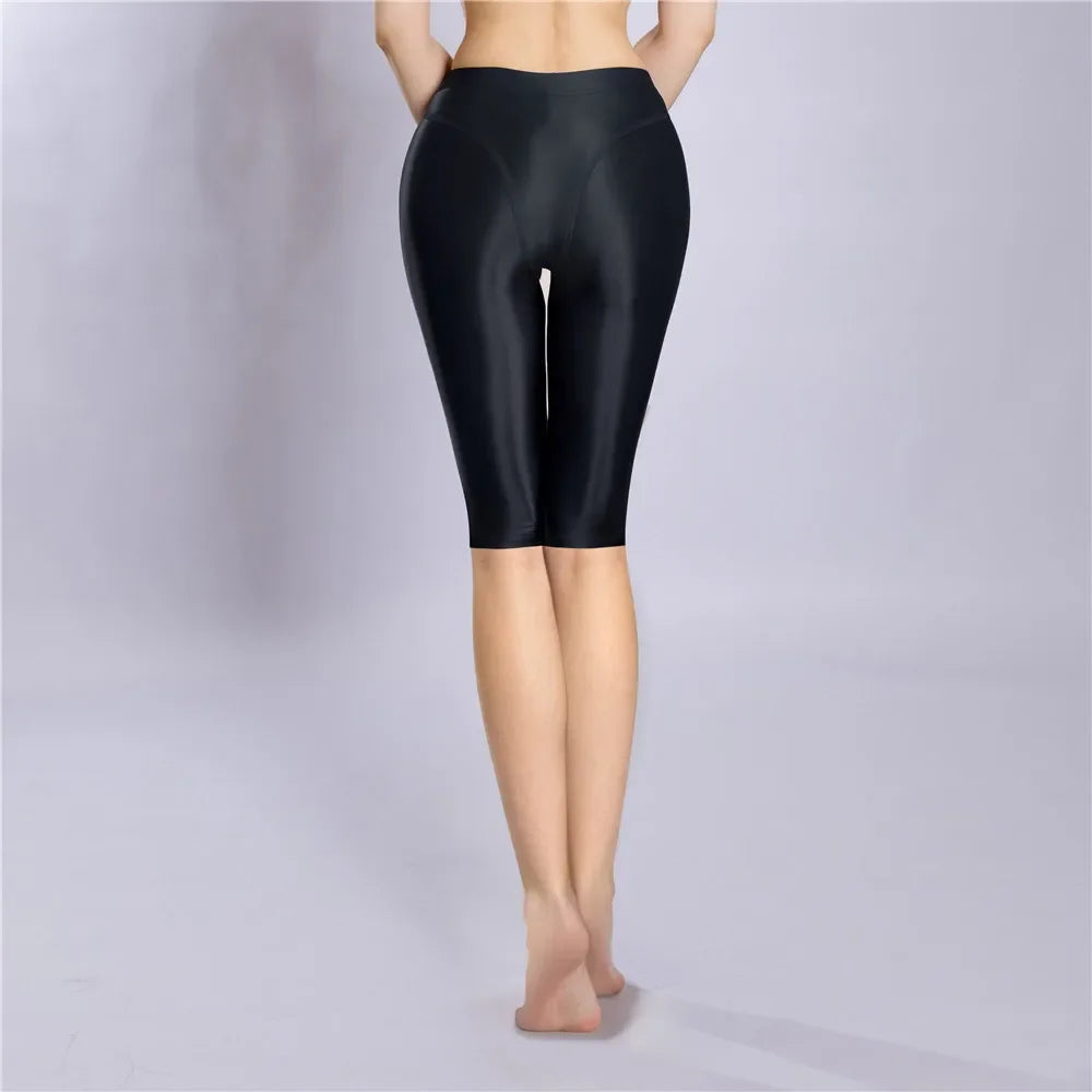 Women's Oil Glossy Sheer High-Waist Shaping Shorts Satin Smooth Leggings
