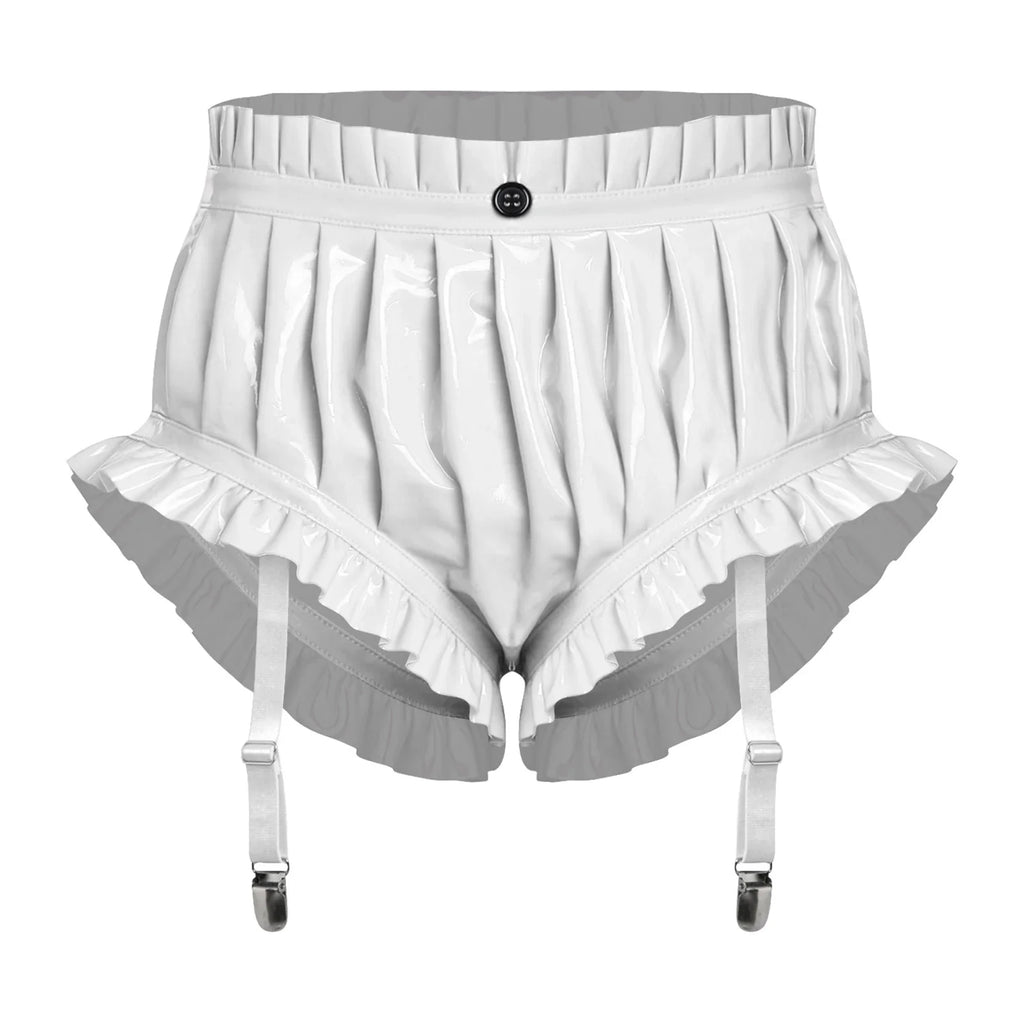 Wet-Look PU Leather Ruffled Bloomer Shorts Attached Garter Clips Briefs