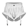 Wet-Look PU Leather Ruffled Bloomer Shorts Attached Garter Clips Briefs