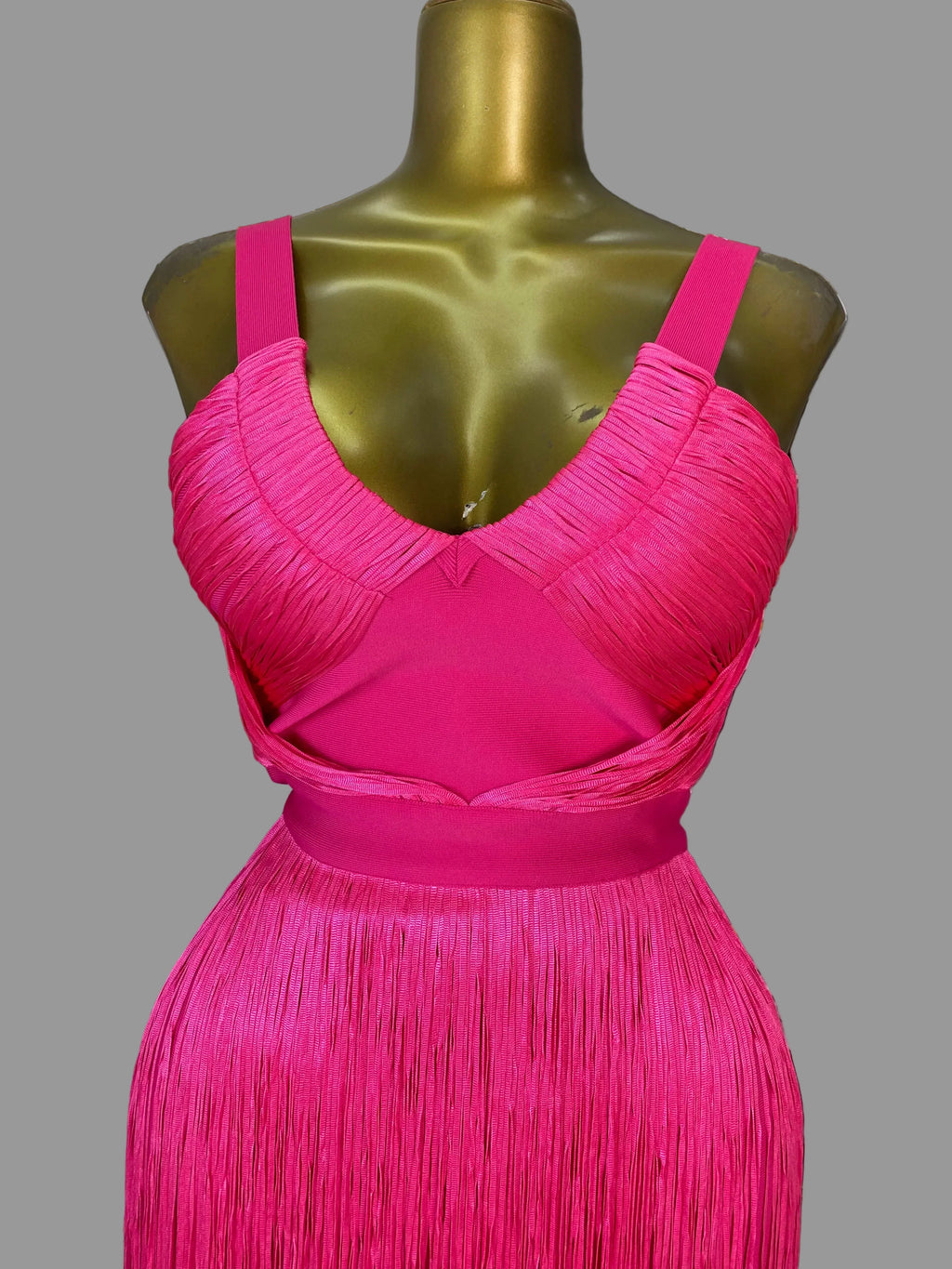 Hot Pink Asymmetrical Fringe Bandage Midi Dress & One-Shoulder Gala Party Dress