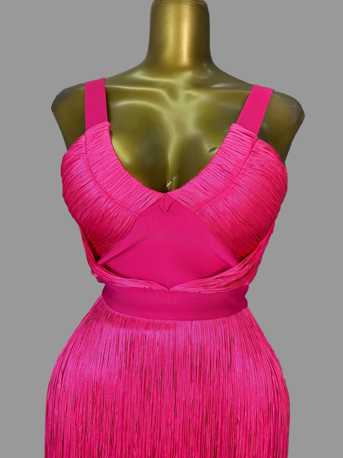 Hot Pink Asymmetrical Fringe Bandage Midi Dress & One-Shoulder Gala Party Dress