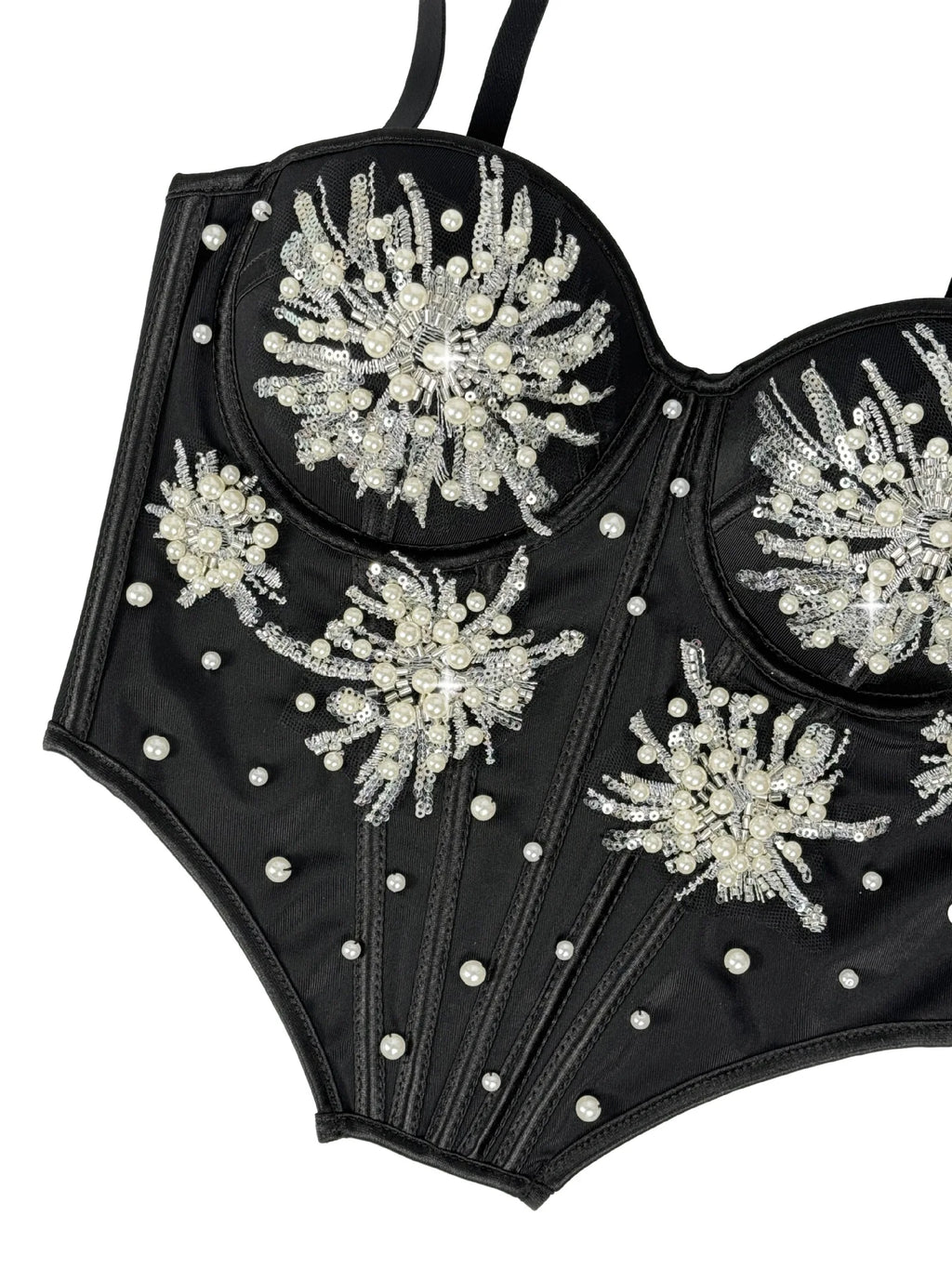 Pearl & Sequin Embroidered Floral Bustier Corset Top Asymmetric Camisole Bralette