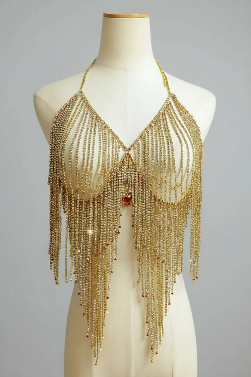Dazzling Crystal Tassel Bikini Bra Chain & Love Pendant Chest Jewelry