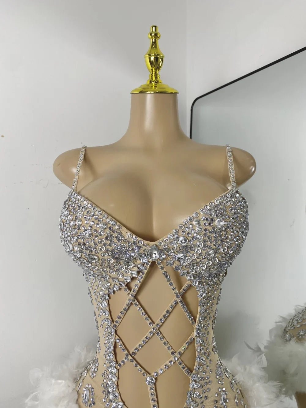 The Stardust Follies Feather Bodysuit – Luxury Rhinestone & Mesh Showgirl Costume