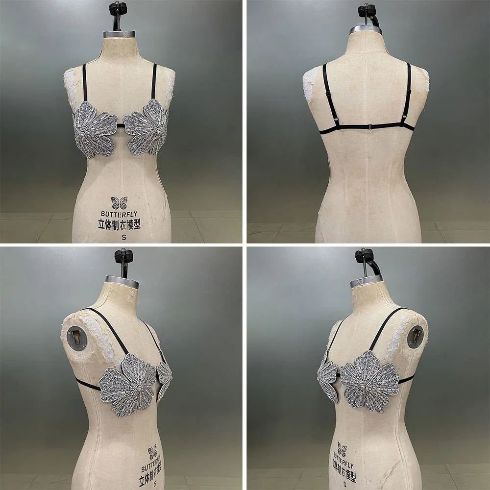 Handmade Crystal Flower Embroidery Rhinestone Costume Bra