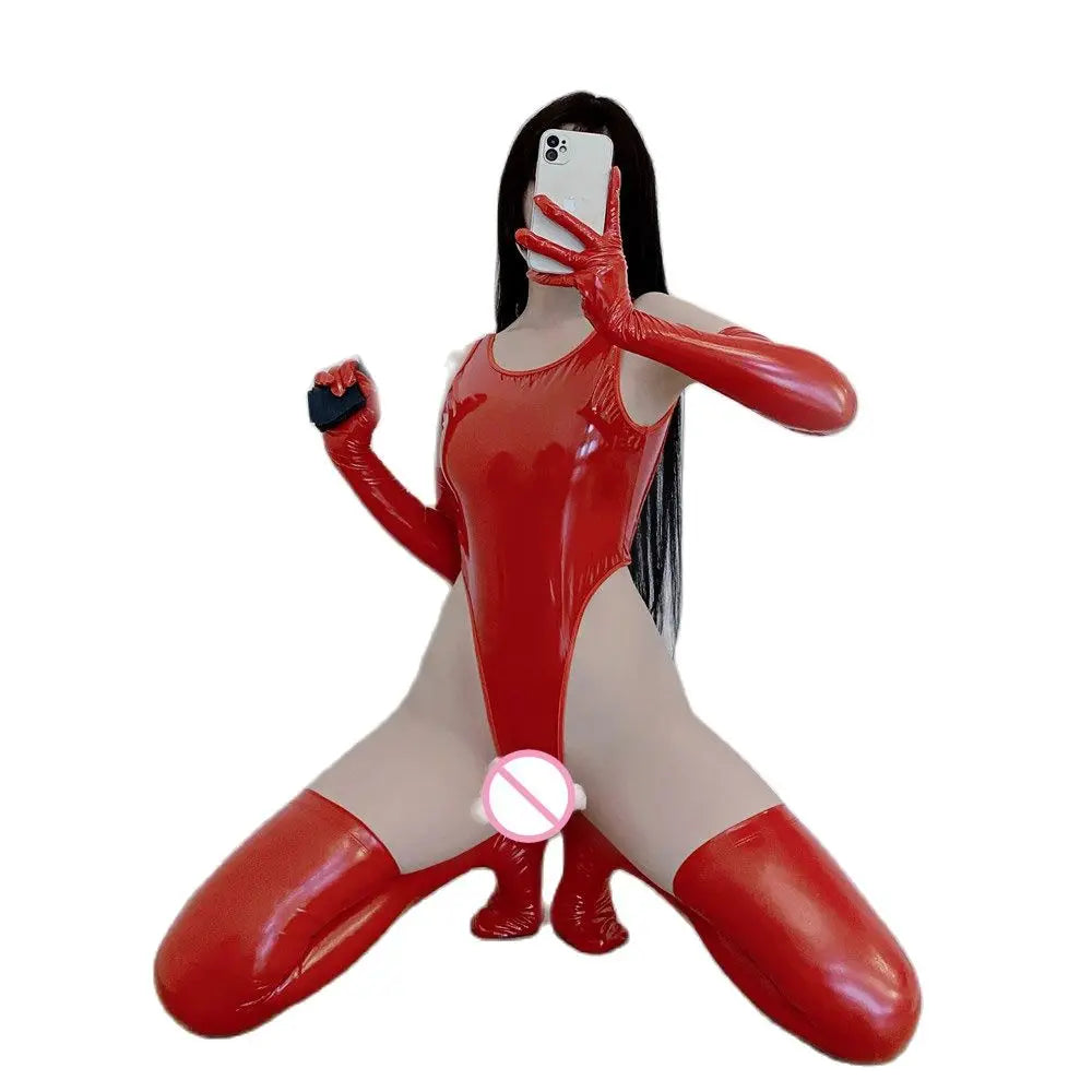 PVC Faux Leather High-Cut Open-Crotch Bodysuit & Matching Accessories