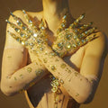 The Stardust Golden Empress – Luxurious Stretch Gold Rhinestone Mesh Opera Gloves