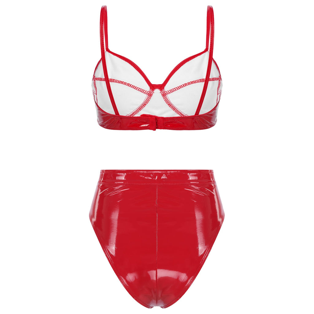 Womens Wet Look PVC Leather Underwear Set Wire-free Unlined Bra Top with High Cut Briefs Party Club Pole Dancing Clubwear