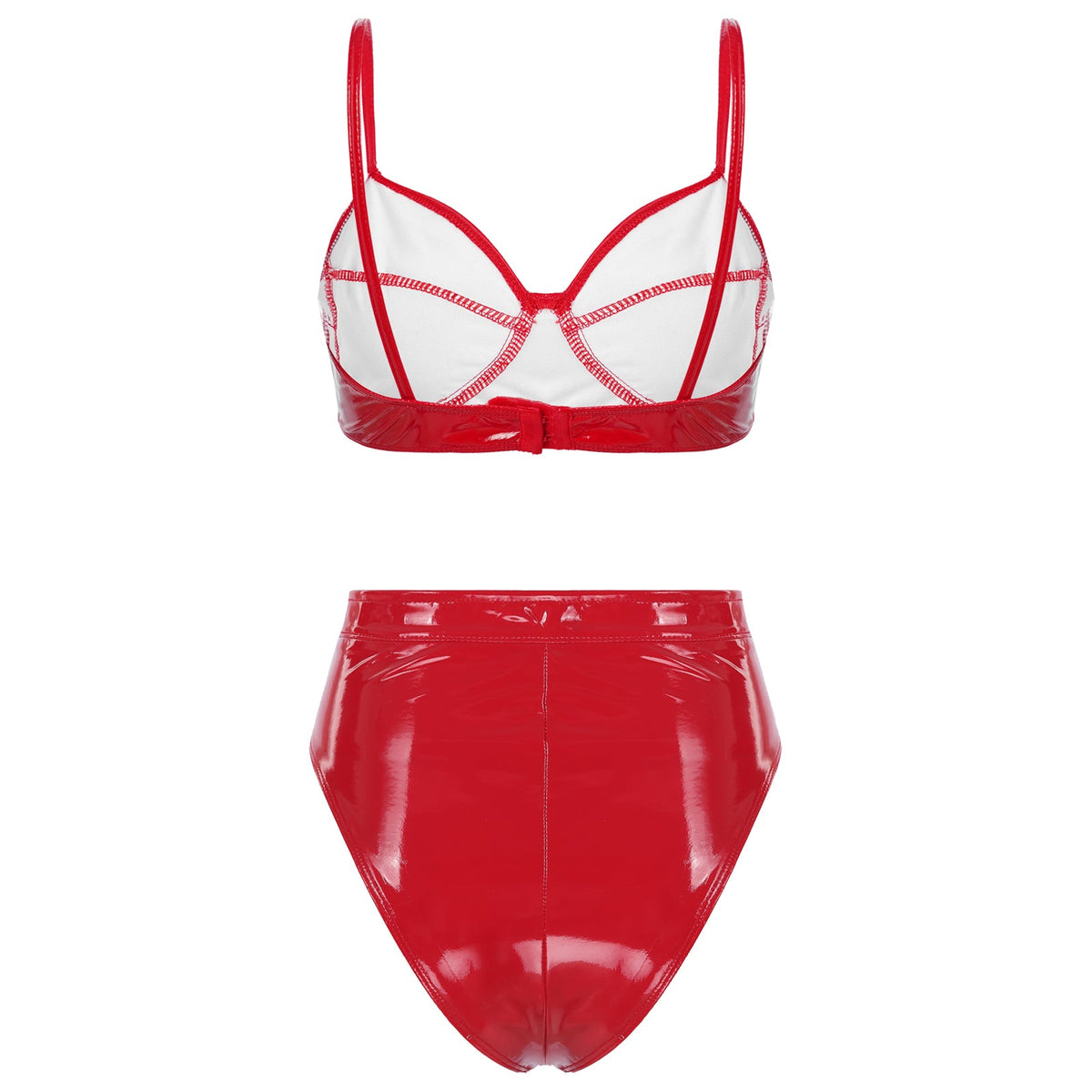 Womens Wet Look PVC Leather Underwear Set Wire-free Unlined Bra Top with High Cut Briefs Party Club Pole Dancing Clubwear