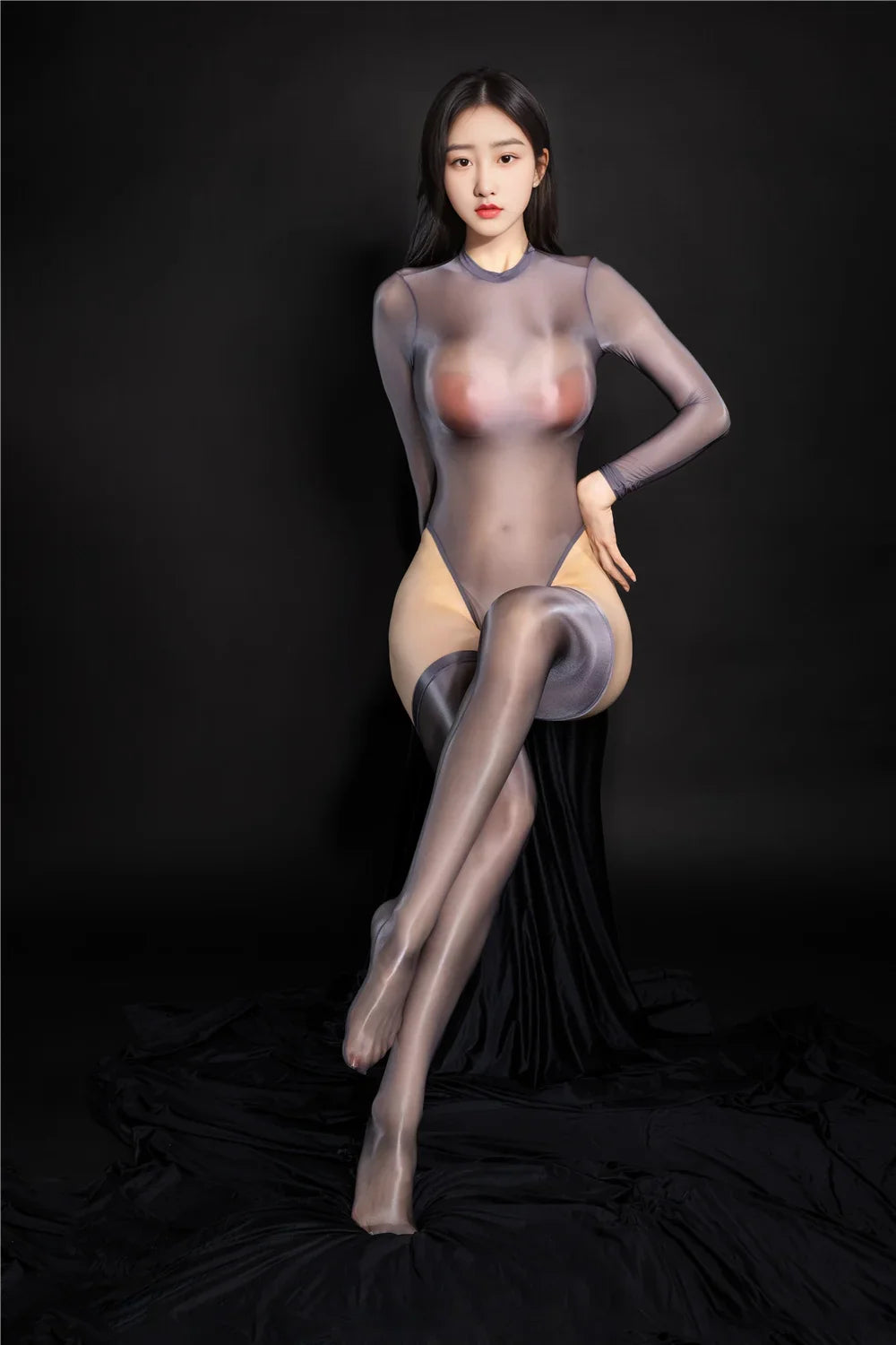 Oil Glossy High-Cut Open Crotch Shaping Bodysuit & Matching Stockings Set