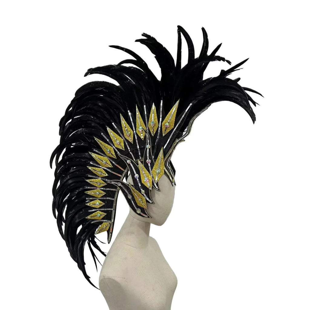 The Stardust Dark Empress – Premium Black Feathered Carnival & Gogo Headdress