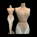 Sparkly Rhinestone, Pearl & Tassel Transparent Performance Dress Stage Costume