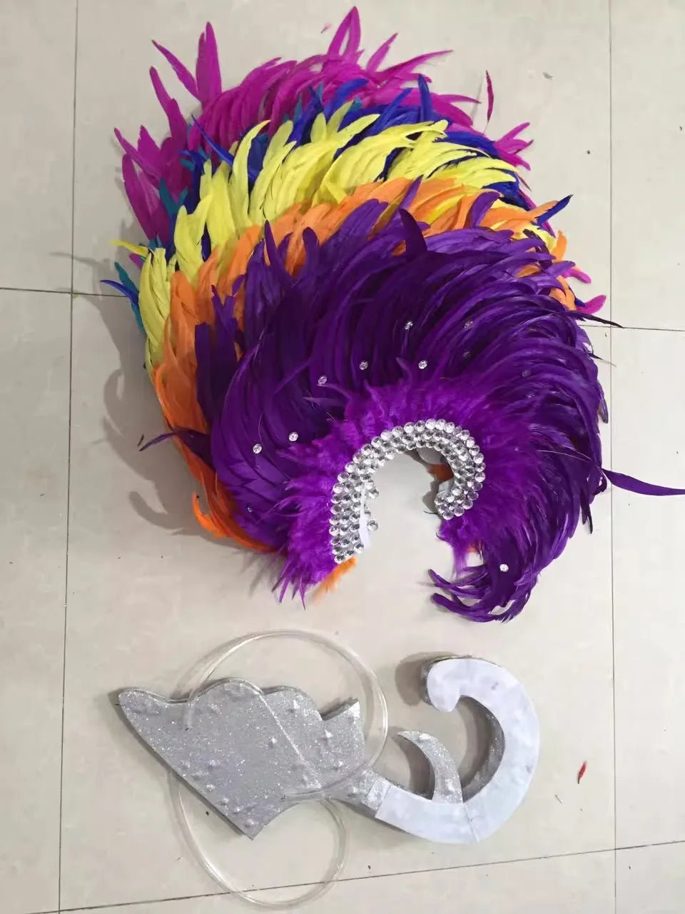 Showgirl Feather Wing Backpiece with Rhinestone Scroll Frames