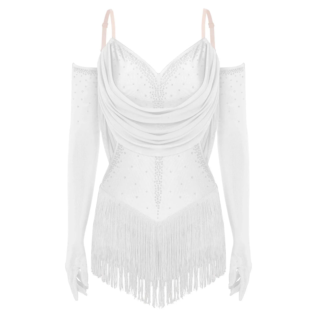 Sparkly Rhinestone & Tassel Fringe Dance Leotard with Gloves Two-Piece Stage Costume