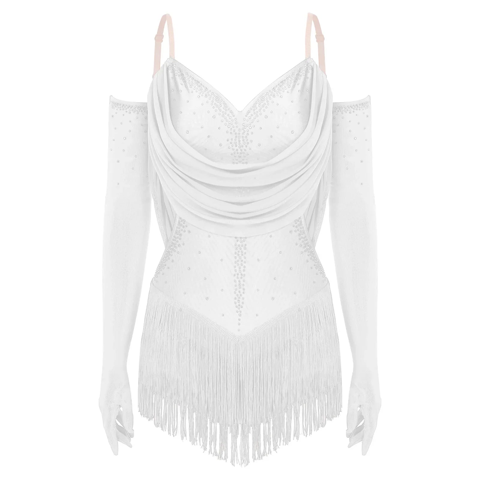Sparkly Rhinestone & Tassel Fringe Dance Leotard with Gloves Two-Piece Stage Costume