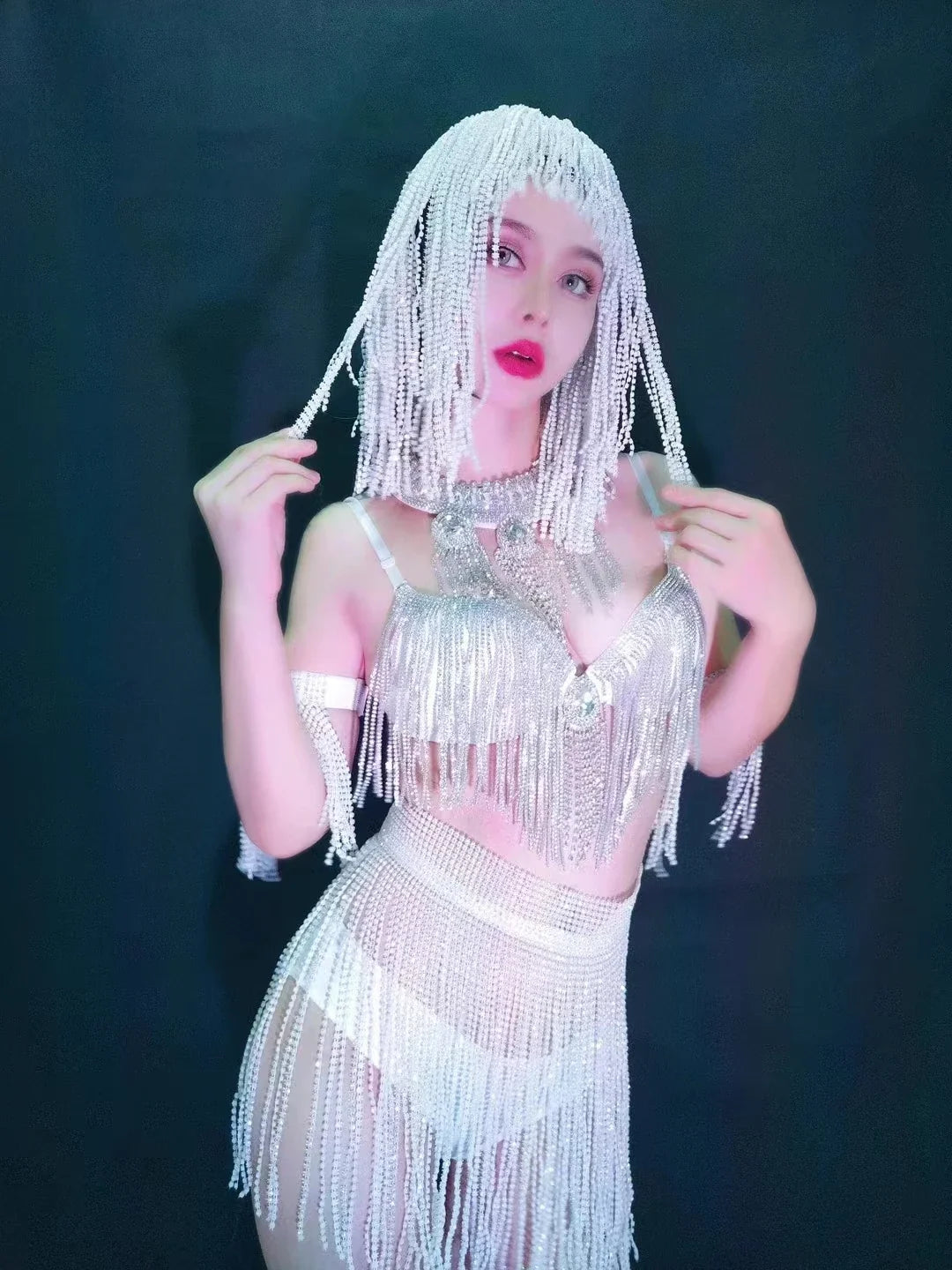 Luxury Crystal Tassel Bikini & Wig Performance Set – Premium Showgirl Stage Costume for GoGo Dancers, Nightclub DJs & Rave Outfits