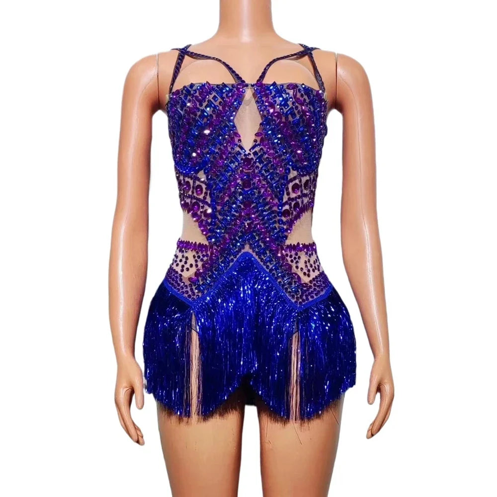 Rhinestone Fringe Bodysuit with Cutout Mesh Panels